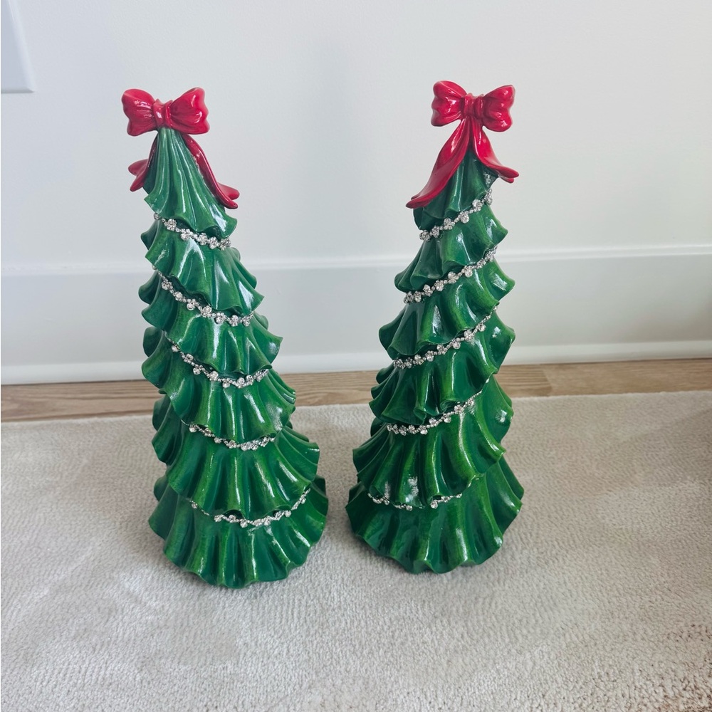 Festive Green Rhinestones Christmas Trees  with Red Bows Set of 2